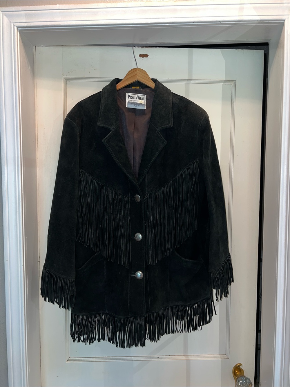 Vintage Pioneer Wear black fringe suede leather heavy ladies jacket size 16